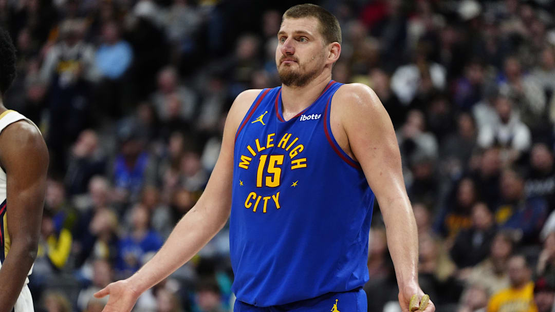 Feb 3, 2025; Denver, Colorado, USA; Denver Nuggets center Nikola Jokic (15) reacts in the second quarter against the New Orleans Pelicans at Ball Arena. Mandatory Credit: Ron Chenoy-Imagn Images