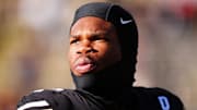 Nov 29, 2024; Boulder, Colorado, USA; Colorado Buffaloes wide receiver Travis Hunter (12) before the game against the Oklahoma State Cowboys at Folsom Field. Mandatory Credit: Ron Chenoy-Imagn Images