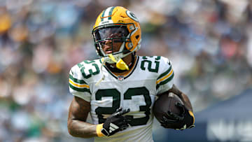 Cornerback Jaire Alexander during a 2024 NFL matchup between the Green Bay Packers and Tennessee Titans