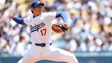 Jun 22, 2025; Los Angeles, California, USA; Los Angeles Dodgers two‑way player Shohei Ohtani (17) pitches the ball during the second inning against Washington Nationals at Dodger Stadium. Mandatory Credit: Kiyoshi Mio-Imagn Images