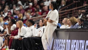 Mar 21, 2025; Columbia, South Carolina, USA; South Carolina head coach Dawn Staley watches her defense  during the first half against the Tennessee Tech Golden Eagles  at Colonial Life Arena. Mandatory Credit: Jim Dedmon-Imagn Images