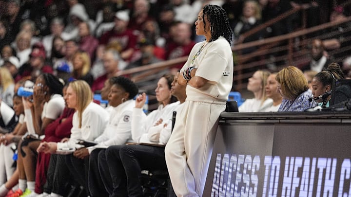 Mar 21, 2025; Columbia, South Carolina, USA; South Carolina head coach Dawn Staley watches her defense  during the first half against the Tennessee Tech Golden Eagles  at Colonial Life Arena. Mandatory Credit: Jim Dedmon-Imagn Images