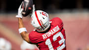 Nov 16, 2024; Stanford, California, USA; Stanford Cardinal wide receiver Elic Ayomanor (13) catches a pass in warmup before the game against the Louisville Cardinals at Stanford Stadium. Mandatory Credit: Bob Kupbens-Imagn Images