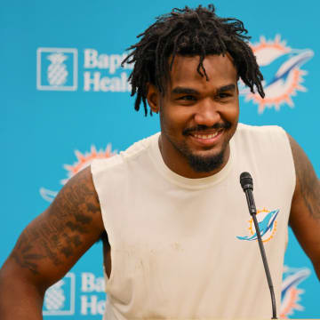 Miami Dolphins wide receiver Jaylen Waddle (17) talks to reporters during an interview after training camp at Baptist Health Training Complex.