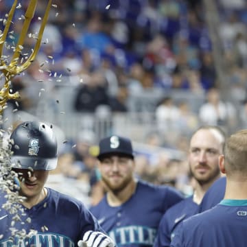 Seattle Mariners right fielder Dominic Canzone celebrates after hitting a solo home run against the Miami Marlins on June 22 at loanDepot Park.