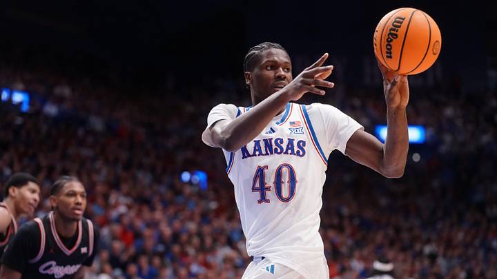 Kansas Jayhawks forward Flory Bidunga (40) grabs a rebound against Houston Cougars during the game inside Allen Fieldhouse on Monday, Feb. 23, 2026.