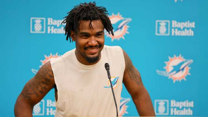 Miami Dolphins wide receiver Jaylen Waddle (17) talks to reporters during an interview after training camp at Baptist Health Training Complex.