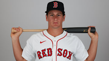Feb 18, 2025; Lee County, FL, USA; Boston Red Sox outfielder Roman Anthony (48) participates in media day at JetBlue Park at Fenway South. Mandatory Credit: Nathan Ray Seebeck-Imagn Images