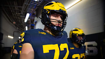 Jan 8, 2024; Houston, TX, USA; Michigan Wolverines offensive lineman Tristan Bounds (72) against the Washington Huskies during the 2024 College Football Playoff national championship game at NRG Stadium