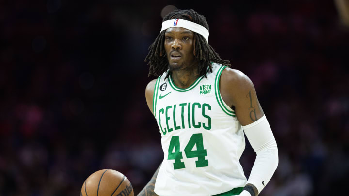 May 11, 2023; Philadelphia, Pennsylvania, USA; Boston Celtics center Robert Williams III (44) dribbles the ball up court against the Philadelphia 76ers during the third quarter in game six of the 2023 NBA playoffs at Wells Fargo Center. Mandatory Credit: Bill Streicher-USA TODAY Sports