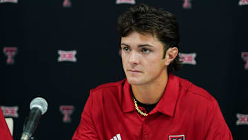 Jul 8, 2025; Frisco, TX, USA; Texas Tech quarterback Behren Morton answers questions from the media during 2025 Big 12 Football Media Days at The Star. Mandatory Credit: Raymond Carlin III-Imagn Images