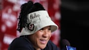 Apr 5, 2025; Tampa, FL, USA; South Carolina Gamecocks head coach Dawn Staley talks to media before practice at Amalie Arena. Mandatory Credit: Nathan Ray Seebeck-Imagn Images