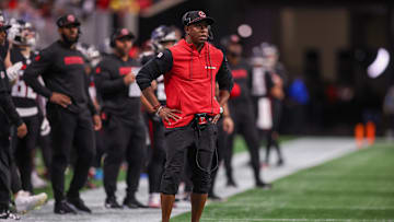 Dec 1, 2024; Atlanta, Georgia, USA; Atlanta Falcons head coach Raheem Morris on the sideline against the Los Angeles Chargers in the first quarter at Mercedes-Benz Stadium. Mandatory Credit: Brett Davis-Imagn Images
