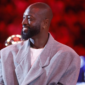Oct 28, 2024; Miami, Florida, USA; Former Miami Heat guard Dwyane Wade is honored at halftime during the game against the Detroit Pistons at Kaseya Center. Mandatory Credit: Rhona Wise-Imagn Images