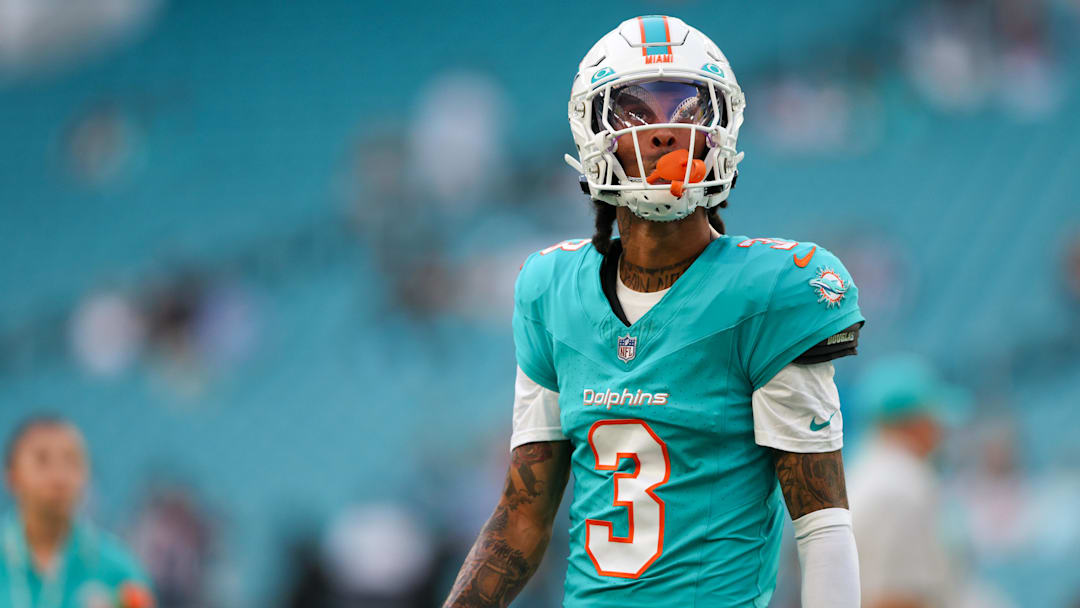 Aug 11, 2023; Miami Gardens, Florida, USA;  Miami Dolphins wide receiver Robbie Chosen (3) warms up before a game against the Atlanta Falcons at Hard Rock Stadium.