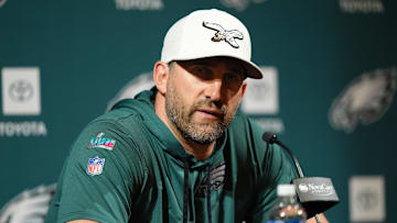 Jun 10, 2025; Philadelphia, PA, USA; Philadelphia Eagles head coach Nick Sirianni addresses media during a press conference at NovaCare Complex. Mandatory Credit: Kyle Ross-Imagn Images