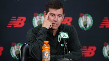 Sep 29, 2025; Boston, MA, USA; Boston Celtics president of basketball operations Brad Stevens talks to reporters during media day at the Auerbach Center.
