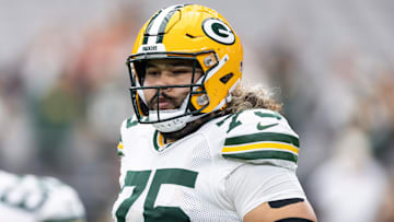 Oct 19, 2025; Glendale, Arizona, USA; Green Bay Packers guard Sean Rhyan (75) against the Arizona Cardinals at State Farm Stadium.