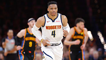 May 5, 2025; Oklahoma City, Oklahoma, USA; Denver Nuggets guard Russell Westbrook (4) runs down the court after a play against the Oklahoma City Thunder during the second half during game one of the second round for the 2025 NBA Playoffs at Paycom Center. Mandatory Credit: Alonzo Adams-Imagn Images