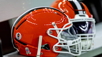 Nov 17, 2024; New Orleans, Louisiana, USA;  Detailed view of the Cleveland Browns helmets on a time out against the New Orleans Saints during the first half at Caesars Superdome. Mandatory Credit: Stephen Lew-Imagn Images