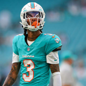 Aug 11, 2023; Miami Gardens, Florida, USA;  Miami Dolphins wide receiver Robbie Chosen (3) warms up before a game against the Atlanta Falcons at Hard Rock Stadium.