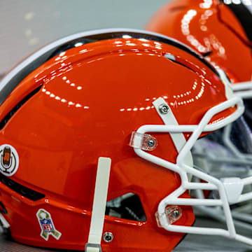 Nov 17, 2024; New Orleans, Louisiana, USA;  Detailed view of the Cleveland Browns helmets on a time out against the New Orleans Saints during the first half at Caesars Superdome. Mandatory Credit: Stephen Lew-Imagn Images