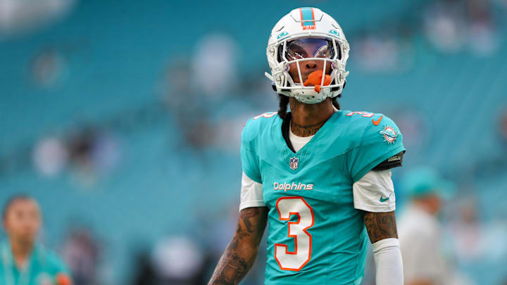 Aug 11, 2023; Miami Gardens, Florida, USA;  Miami Dolphins wide receiver Robbie Chosen (3) warms up before a game against the Atlanta Falcons at Hard Rock Stadium.