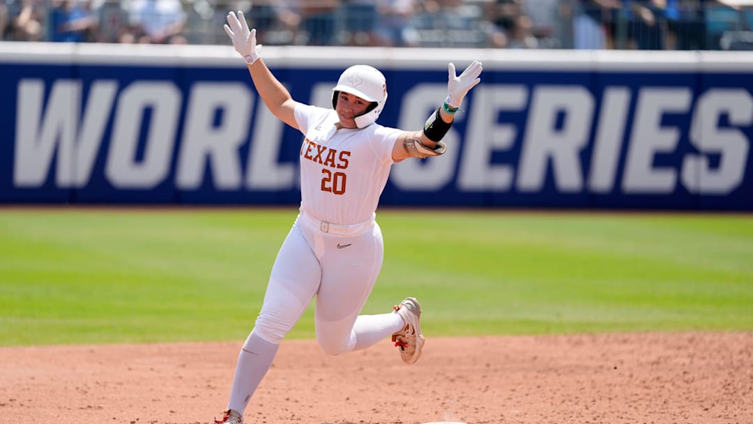 Texas utility Katie Stewart (20) celebrates after hitting a home run in the fourth inning of a Women's College World Series softball game between the Tennessee Volunteers and the Texas Longhorns at Devon Park in Oklahoma City, Monday, June 2, 2025. Texas won 2-0.