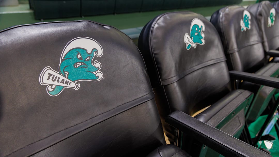 Jan 30, 2025; New Orleans, Louisiana, USA;  Detailed view of the Seat covers before the game between the Tulane Green Wave and the Memphis Tigers at Avron B. Fogelman Arena in Devlin Fieldhouse.
