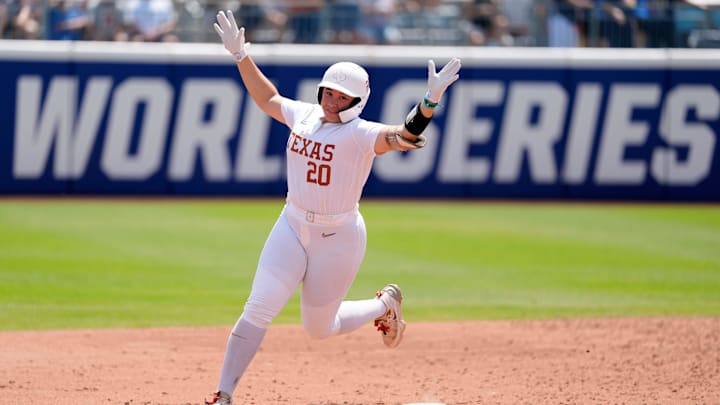 Texas utility Katie Stewart (20) celebrates after hitting a home run in the fourth inning of a Women's College World Series softball game between the Tennessee Volunteers and the Texas Longhorns at Devon Park in Oklahoma City, Monday, June 2, 2025. Texas won 2-0.