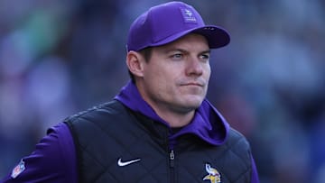 Nov 30, 2025; Seattle, Washington, USA; Minnesota Vikings head coach Kevin O'Connell looks on during warmups against the Seattle Seahawks at Lumen Field.