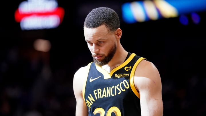 Mar 6, 2024; San Francisco, California, USA; Golden State Warriors guard Stephen Curry (30) stands on the court after a timeout against the Milwaukee Bucks in the fourth quarter at the Chase Center. 