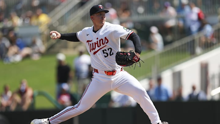 Mar 4, 2026; Fort Myers, Florida, USA; Minnesota Twins starting pitcher Zebby Matthews (52) throws a pitch against Puerto Rico in the first inning during spring training at Lee Health Sports Complex/Hammond Stadium. Mandatory Credit: Nathan Ray Seebeck-Imagn Images