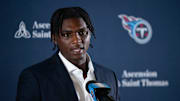 Cam Ward fields questions after being introduced as the Tennessee Titans first-round pick – and overall number one pick – in the NFL Draft at Ascension Saint Thomas Sports Park in Nashville, Tenn., Friday, April 25, 2025.