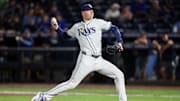 Sep 17, 2025; Tampa, Florida, USA; Tampa Bay Rays pitcher Pete Fairbanks (29) throws a pitch against the Toronto Blue Jays in the ninth inning at George M. Steinbrenner Field. 