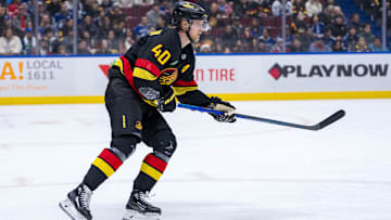 Dec 23, 2024; Vancouver, British Columbia, CAN; Vancouver Canucks forward Elias Pettersson (40) skates against the San Jose Sharks during the first period at Rogers Arena. Mandatory Credit: Bob Frid-Imagn Images
