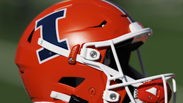 Oct 1, 2022; Madison, Wisconsin, USA;  Illinois Fighting Illini helmet during warmups prior to the game against the Wisconsin Badgers at Camp Randall Stadium. Mandatory Credit: Jeff Hanisch-Imagn Images