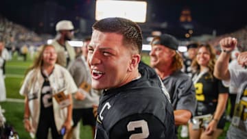 Vanderbilt quarterback Diego Pavia (2) celebrates their victory over Auburn after the game at FirstBank Stadium in Nashville, Tenn., Saturday, Nov. 8, 2025.