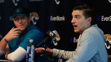 Jacksonville Jaguars general manager James Gladstone, right, speaks next to head coach Liam Coen during a press conference at Miller Electric Center Tuesday, April 15, 2025 in Jacksonville, Fla. [Corey Perrine/Florida Times-Union]