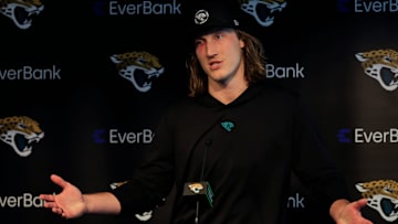 Jacksonville Jaguars quarterback Trevor Lawrence (16) speaks during a press conference at Miller Electric Center Wednesday, April 9, 2025 in Jacksonville, Fla. [Corey Perrine/Florida Times-Union]