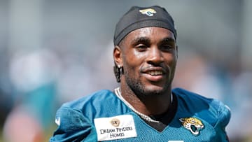 Jul 25, 2025; Jacksonville, FL, USA; Jacksonville Jaguars running back Tank Bigsby (4) participates in training camp at Miller Electric Center. Mandatory Credit: Nathan Ray Seebeck-Imagn Images