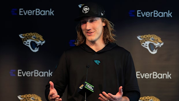 Jacksonville Jaguars quarterback Trevor Lawrence (16) speaks during a press conference at Miller Electric Center Wednesday, 