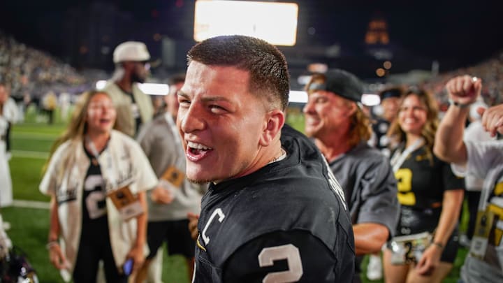 Vanderbilt quarterback Diego Pavia (2) celebrates their victory over Auburn after the game at FirstBank Stadium in Nashville, Tenn., Saturday, Nov. 8, 2025.