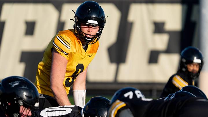Iowa quarterback Hank Brown (9) calls a play during practice April 9, 2026 in Iowa City, Iowa.