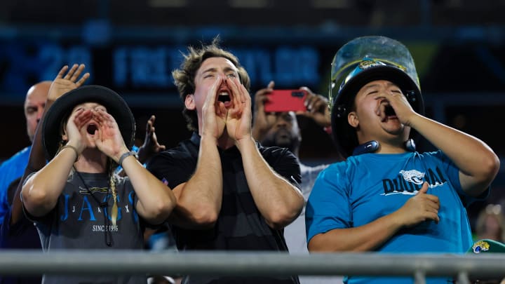 Jacksonville Jaguars fans cheer during the second quarter of a preseason NFL football game Saturday, Aug. 17, 2024 at EverBank Stadium in Jacksonville, Fla. The Jacksonville Jaguars defeated the Tampa Bay Buccaneers 20-7. 