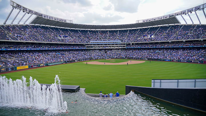 Jun 5, 2021; Kansas City, Missouri, USA; A general view of the stadium from the outfield fountains during the game between the Kansas City Royals and Minnesota Twins at Kauffman Stadium. Mandatory Credit: Denny Medley-Imagn Images