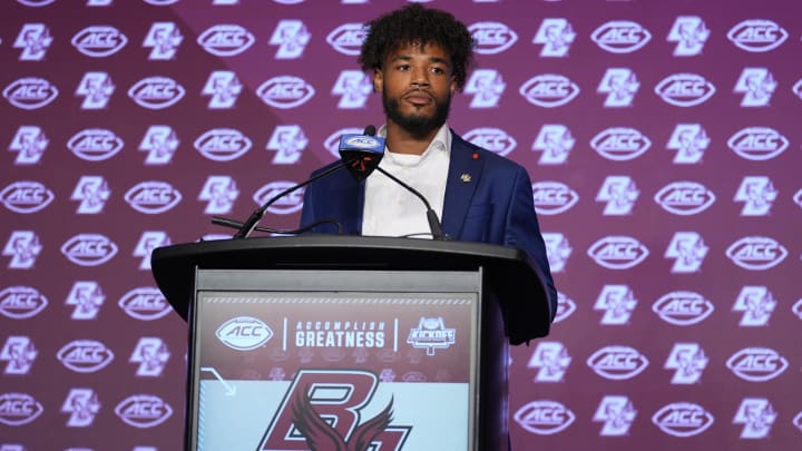 Jul 24, 2024; Charlotte, NC, USA; Boston College Eagles quarteback Thomas Castellanos speaks to the media during the ACC Kickoff at Hilton Charlotte Uptown. Mandatory Credit: Jim Dedmon-USA TODAY Sports