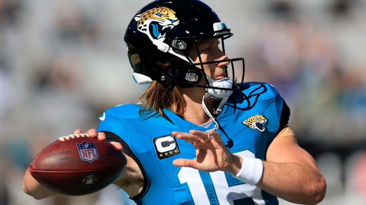 Jacksonville Jaguars quarterback Trevor Lawrence (16) warms up before an NFL football matchup Sunday, Dec. 1, 2024 at EverBank Stadium in Jacksonville, Fla. [Corey Perrine/Florida Times-Union]