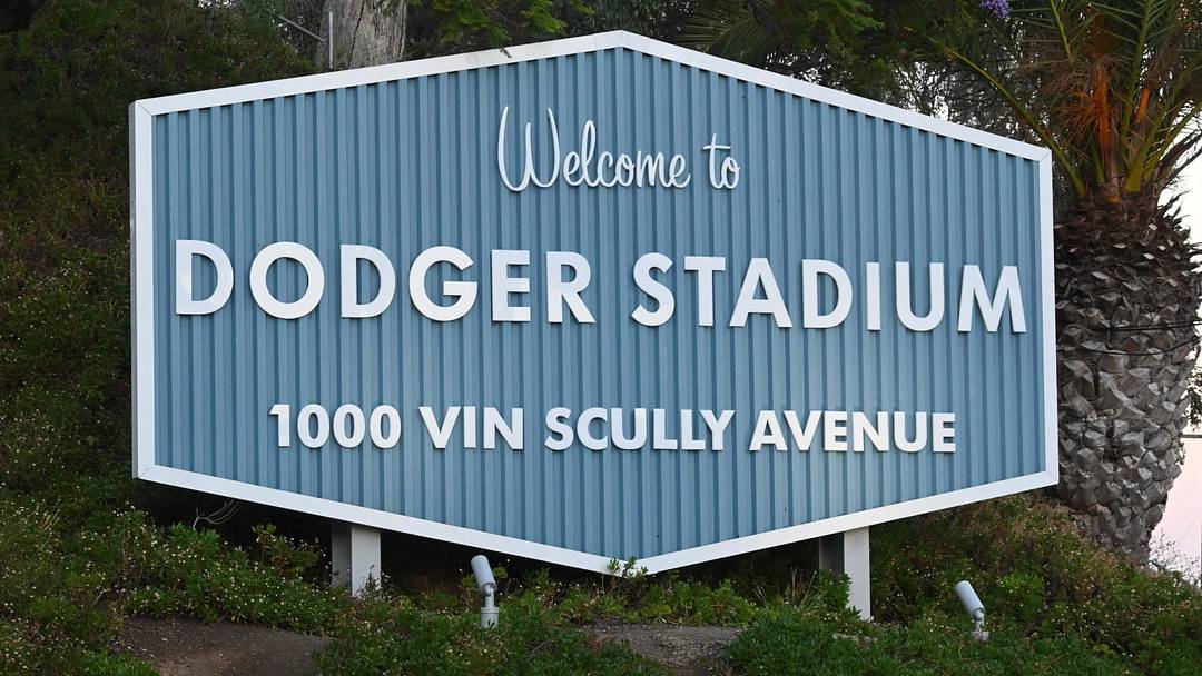 A Welcome to Dodger Stadium sign at the Sunset Blvd. entrance