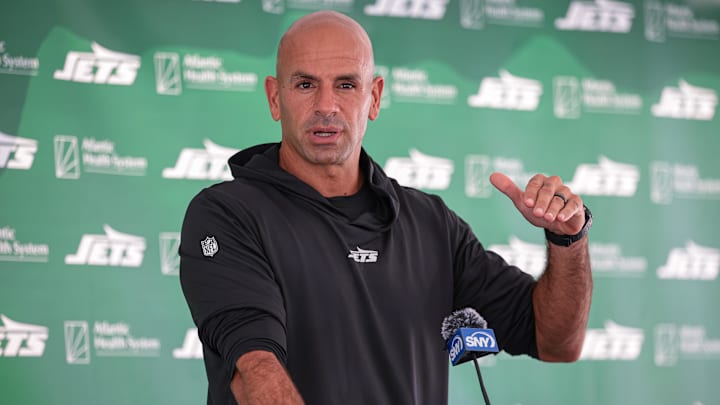 Jul 27, 2024; Florham Park, NJ, USA; New York Jets head coach Robert Saleh talks with media during training camp at Atlantic Health Jets Training Center. 